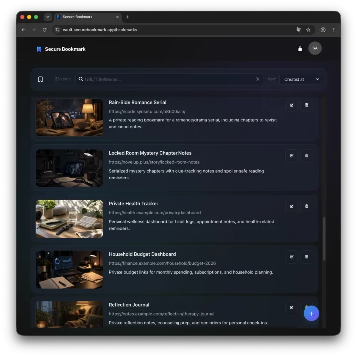 Secure Bookmarkで暗号化したブックマークを一覧表示している画面